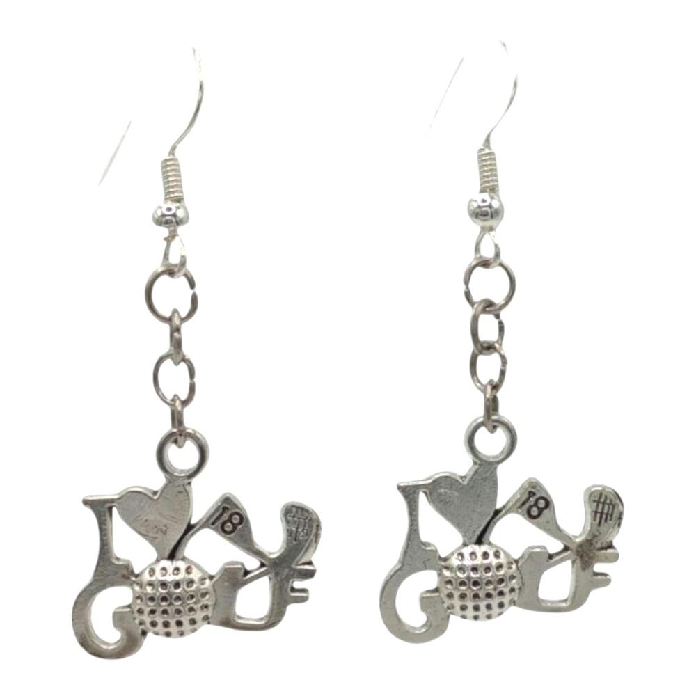 I Love Golf Earrings Silver Tone Golf Ball Club Dangles